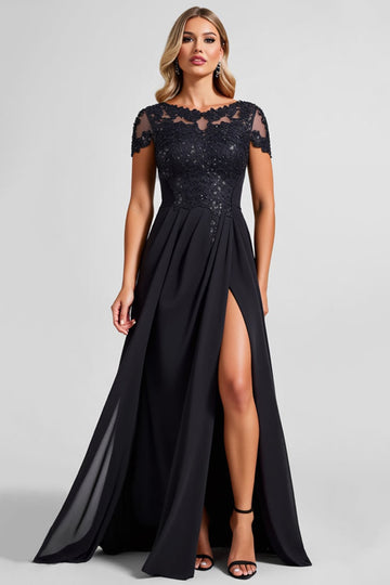Black Chiffon A Line Appliqued Long Mother of the Bride Dress with Slit